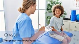  Presentation with rehab clinic - Presentation enhanced with mother-and-son-wearing-physiotherapist background and a light blue colored foreground