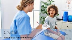  Presentation with rehab clinic - PPT theme featuring mother-and-son-wearing-physiotherapist background and a light blue colored foreground