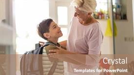  Presentation with backpack - PPT theme with mother-and-son-with-backpack background and a coral colored foreground