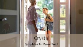  Presentation with backpack - Beautiful presentation design featuring mother-and-son-with-backpack backdrop and a coral colored foreground