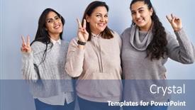  Presentation with victory - PPT theme with mother-and-two-daughters-standing background and a ocean colored foreground