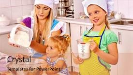  Presentation with baking cookies - Audience pleasing PPT theme consisting of mother and two kids daughter baking cookies backdrop and a coral colored foreground