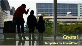  Presentation with luggage - Presentation design with mother and two kids with luggage standing near window at airport background and a tawny brown colored foreground