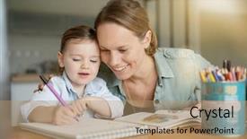  Presentation with primitive drawing - Presentation theme having mother and young daughter drawing background and a coral colored foreground