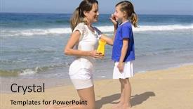  Presentation with sunscreen - Presentation design enhanced with mother applying sunscreen on child background and a coral colored foreground