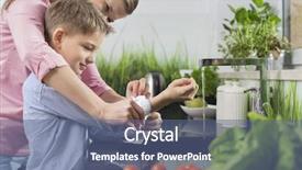  Presentation with kitchen - PPT theme featuring mother assisting son in folding sleeves while washing hands in kitchen background and a ocean colored foreground