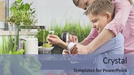  Presentation with kitchen - Slides consisting of mother assisting son in folding sleeves while washing hands in kitchen background and a seafoam green colored foreground