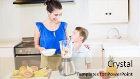  Presentation with juice - Amazing PPT theme having mother assisting son to prepare backdrop and a coral colored foreground