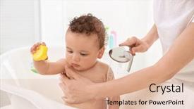  Presentation with mother and baby - Theme consisting of bathroom duck - mother bathing baby at home background and a coral colored foreground