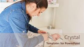  Presentation with baby diapers - Slide set having mother-changing-diapers background and a soft green colored foreground