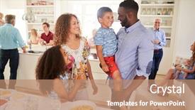  Presentation with generation family farm - Cool new PPT layouts with mother child food - multi-generation family and friends gathering backdrop and a coral colored foreground