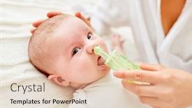  Presentation with mother baby - Presentation design with mother cleans nose of little baby with a nasal aspirator for common cold background and a lemonade colored foreground