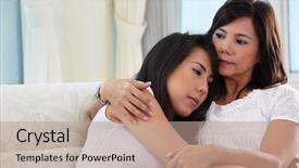  Presentation with sad - Theme having mother consoling her sad daughter background and a coral colored foreground
