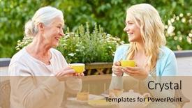  Presentation with young happy people smiling - Slide deck enhanced with mother drinking tea at cafe background and a coral colored foreground