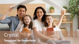  Presentation with young children - PPT theme having mother-father-and-children-girls background and a coral colored foreground