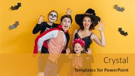  Presentation with party invitation for kids - Cool new slide set with mother-father-and-their-kids backdrop and a gold colored foreground