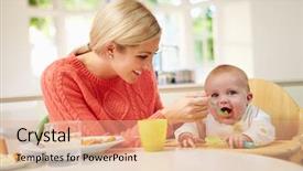  Presentation with baby sitting - PPT theme consisting of mother feeding baby sitting background and a coral colored foreground