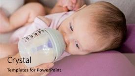  Presentation with baby milk - Amazing PPT theme having mother feeding baby with milk bottle in living room at home backdrop and a coral colored foreground