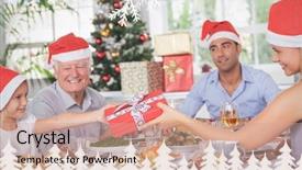  Presentation with snowflakes - Presentation theme having mother giving daughter christmas present against fir tree forest and snowflakes background and a coral colored foreground