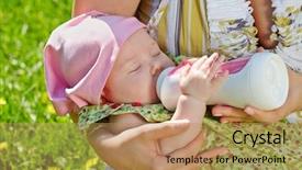  Presentation with baby bottle - PPT theme enhanced with mother hands hold baby and feed him from bottle background and a coral colored foreground
