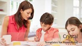  Presentation with parent children - Colorful presentation design enhanced with mother helping children with homework backdrop and a coral colored foreground
