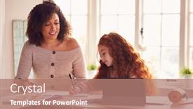  Presentation with using digital tablet - PPT theme with mother-helping-daughter-with-homework background and a coral colored foreground
