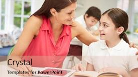  Presentation with using digital tablet - Presentation theme enhanced with mother helping daughter with homework background and a coral colored foreground
