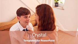  Presentation with first - Audience pleasing PPT layouts consisting of mother-helping-son-to-tie backdrop and a coral colored foreground