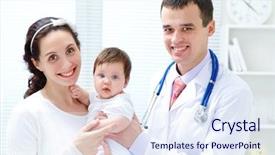  Presentation with pediatrician - PPT layouts featuring mother holding baby for pediatrician to examine background and a sky blue colored foreground