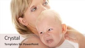  Presentation with crying baby - PPT theme consisting of mother holding her crying baby background and a coral colored foreground
