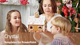  Presentation with gingerbread house - Amazing slide set having mother holds gingerbread house daughter and son look at it near christmas tree backdrop and a coral colored foreground
