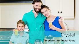  Presentation with juice - Slides with mother hood - portrait of happy family holding background and a  colored foreground