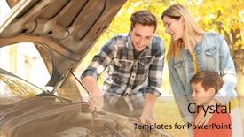  Presentation with outdoors - Slide set consisting of mother hood - young family repairing car outdoors background and a  colored foreground