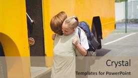  Presentation with school bus - Audience pleasing presentation theme consisting of mother hugging her daughter by school bus outside the elementary school backdrop and a coral colored foreground