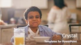  Presentation with race - Amazing PPT theme having mother in background at breakfast backdrop and a coral colored foreground