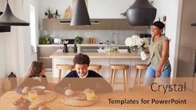  Presentation with breakfast children - Slide deck with mother-in-kitchen-helping-children background and a coral colored foreground