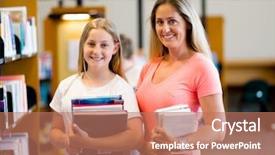  Presentation with books on bookshelf in library - Colorful presentation theme enhanced with mother in library choosing book backdrop and a  colored foreground