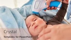  Presentation with contactless - PPT theme consisting of mother-measuring-the-contactless-fever background and a coral colored foreground