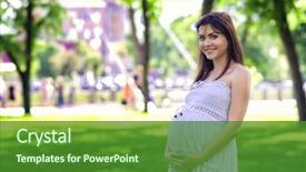  Presentation with sad woman walking - PPT layouts having mother newborn wellbeing - young pregnant woman walking background and a forest green colored foreground