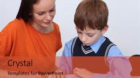  Presentation with helping - Beautiful presentation theme featuring mother or teacher helping kid backdrop and a red colored foreground