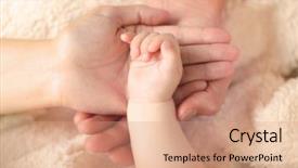  Presentation with preemie baby close up - Presentation theme featuring mother protecting - adult and baby hands closeup background and a coral colored foreground