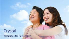  Presentation with blue sky - Cool new slides with mother protecting - outdoor asian family looking backdrop and a sky blue colored foreground