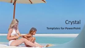  Presentation with protecting seniors - Slide deck with mother protecting daughter with sun background and a  colored foreground