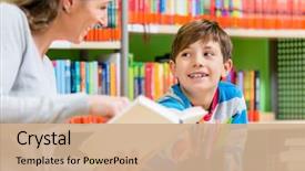  Presentation with turning page - Beautiful slides featuring mother reading book from library backdrop and a coral colored foreground