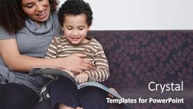  Presentation with book - Amazing slide set having mother-reading-book-with-son backdrop and a dark gray colored foreground