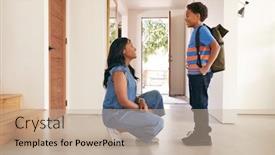  Presentation with saying goodbye - Presentation theme with mother-saying-goodbye-to-son background and a mint green colored foreground