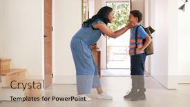 Presentation with saying goodbye - Audience pleasing presentation theme consisting of mother-saying-goodbye-to-son backdrop and a soft green colored foreground