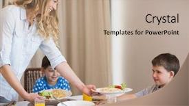  Presentation with dining table - Slide set with mother serving pasta to son background and a mint green colored foreground