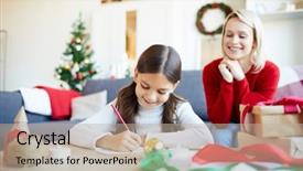  Presentation with displaying a happy mother cudd - Beautiful presentation theme featuring mother sitting on sofa near backdrop and a  colored foreground