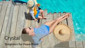  Presentation with three - Slide set enhanced with mother sitting on wooden jetty background and a mint green colored foreground